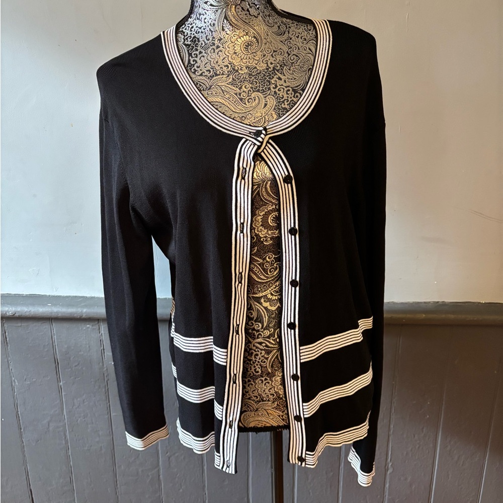 Notations XL Black and White Striped Cardigan